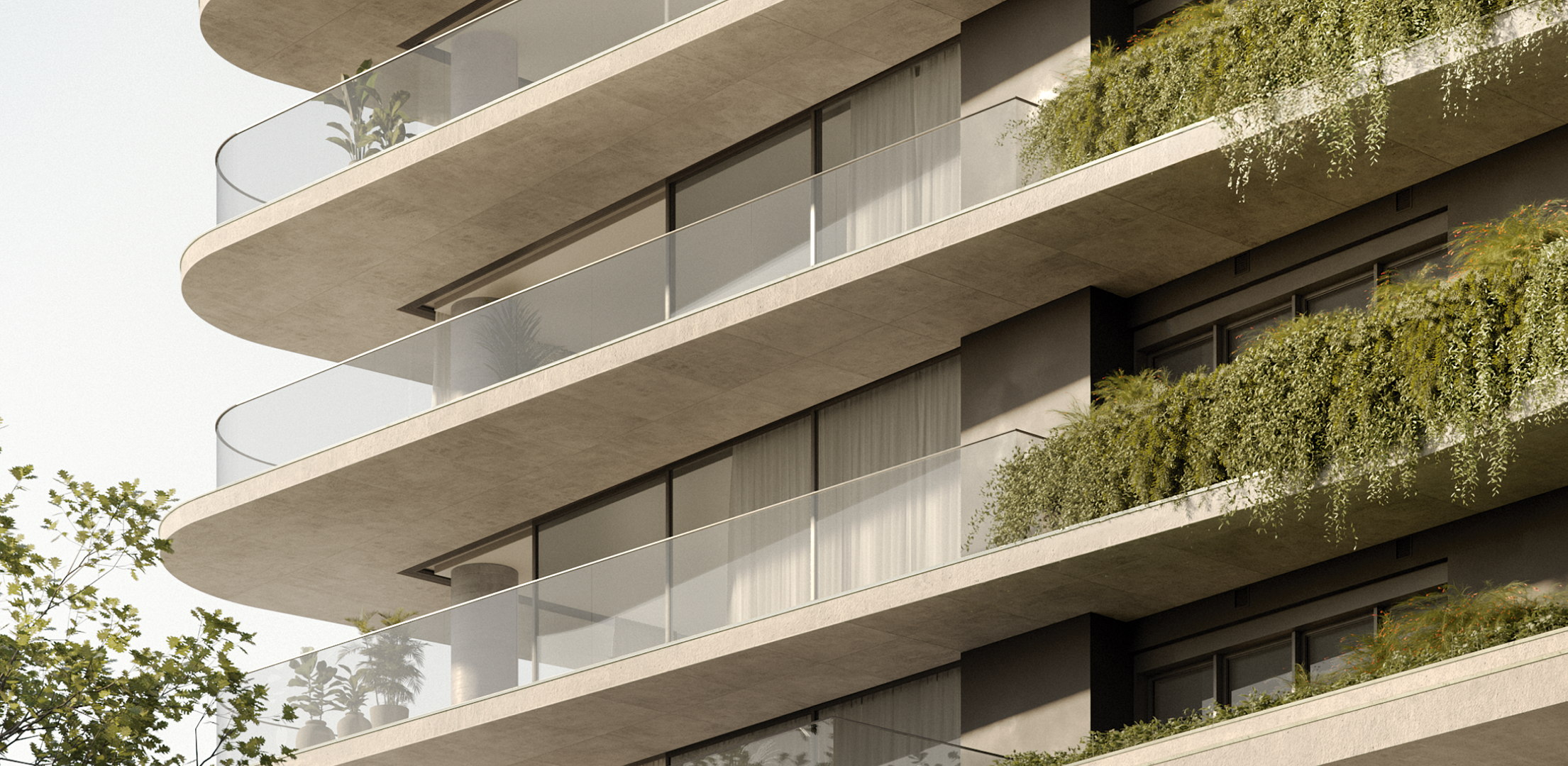 Fachada do Brava com concreto aparente, guarda corpo em vidro e plantas pendentes.