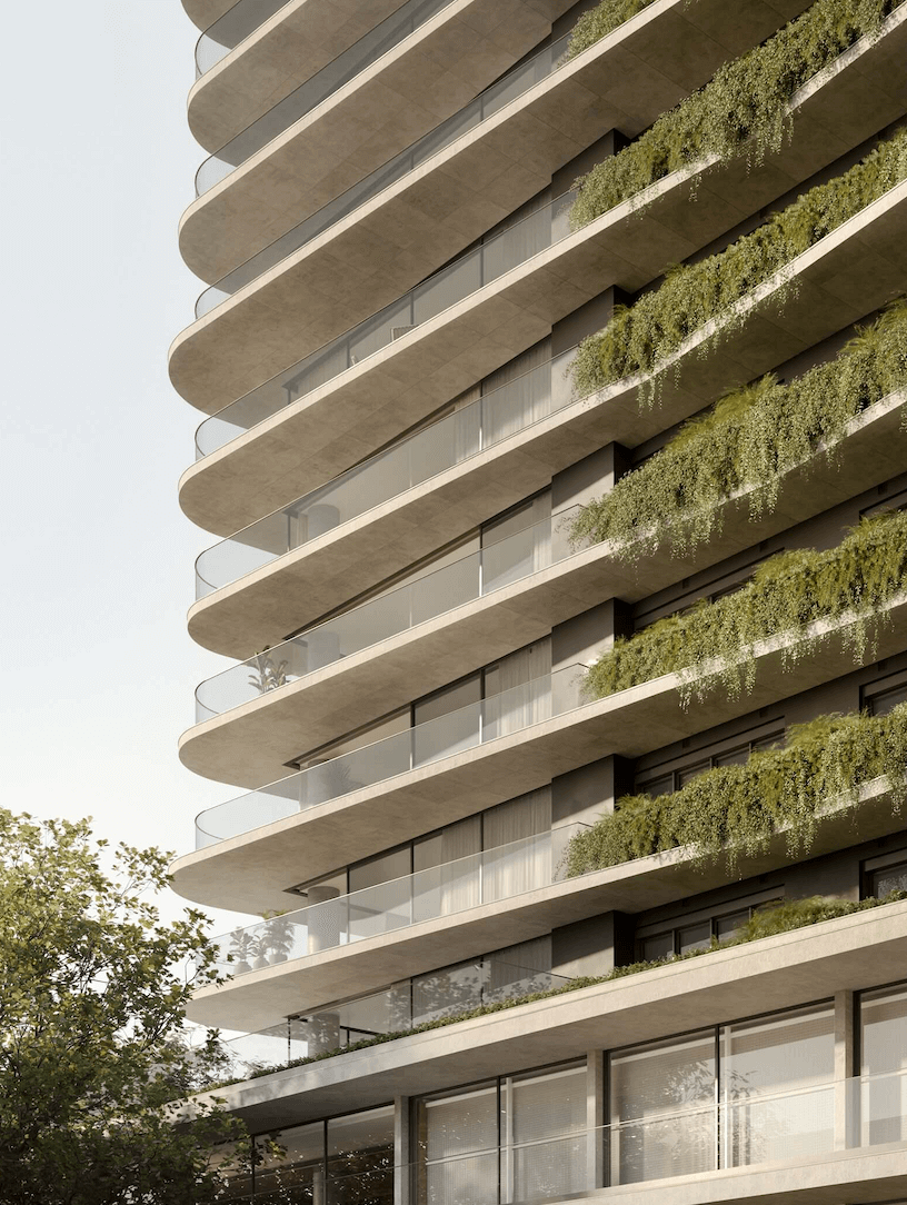 Fachada do Brava com sacadas curvas em camadas e vegetação transbordando das jardineiras.