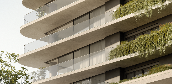 Fachada do Brava com concreto aparente, guarda corpo em vidro e plantas pendentes.