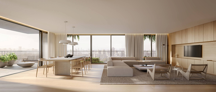 Living do apartamento de alto padrão Faria Santos